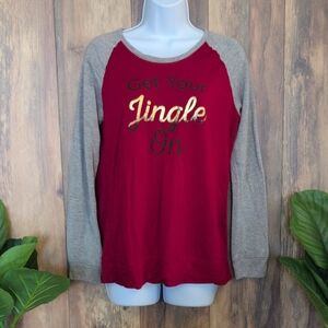 Maurices Red/Gray/Gold Christmas Pajama Top Shirt S           C636
